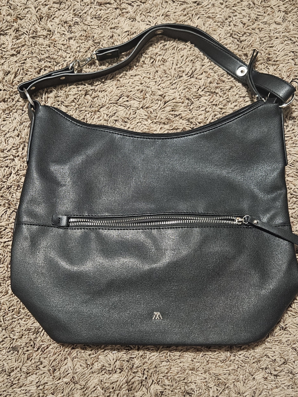 Source Unknown Black Faux-Leather Shoulder Bag with Front Zip